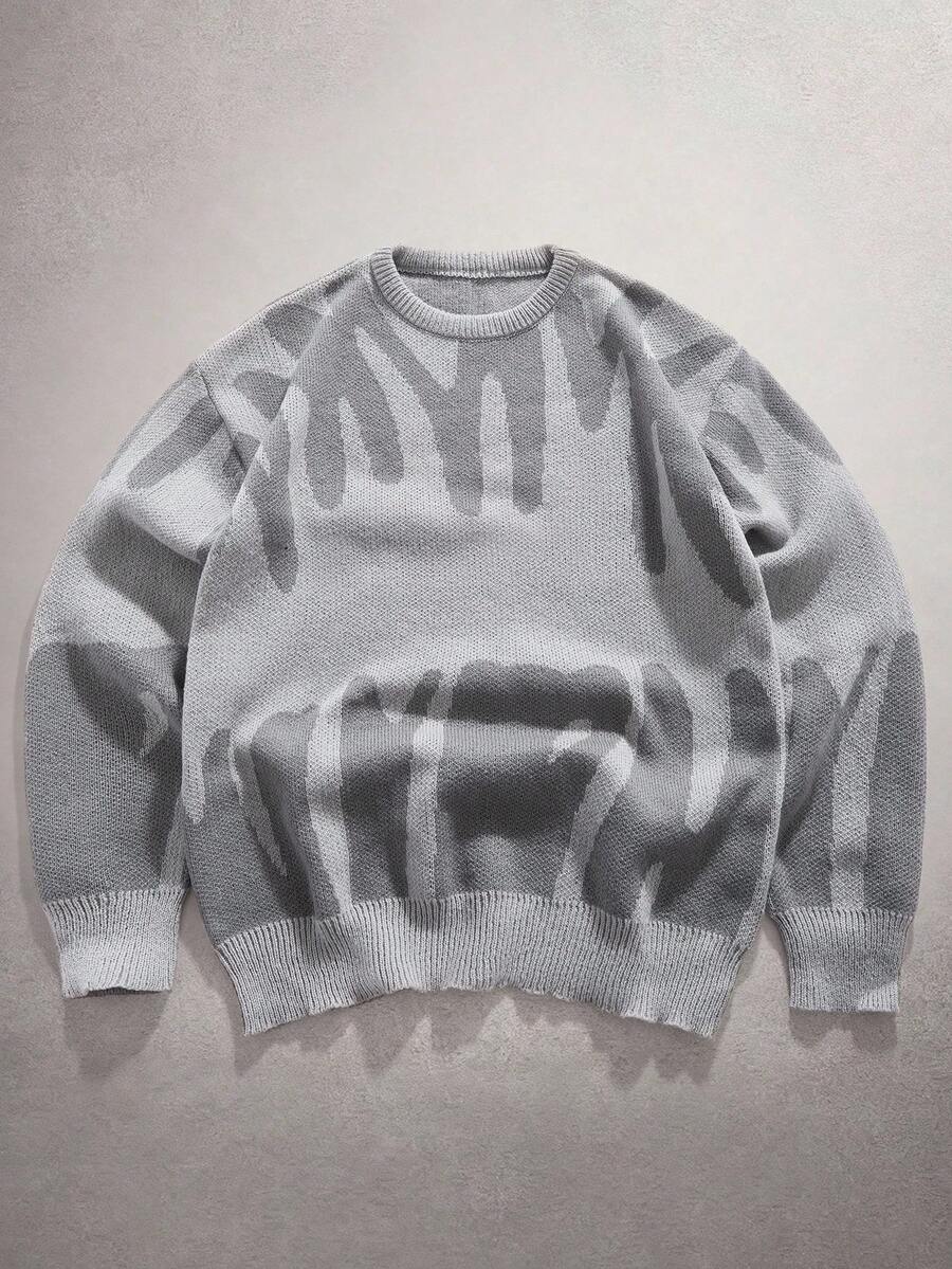 StoneGrade 男士休闲字母图案圆领长袖毛衣，秋冬 - 灰色 - 查看 1