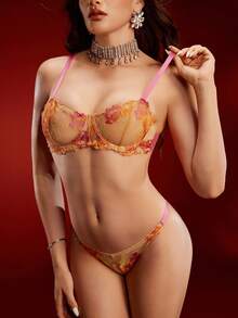 EmpressEnvy 1 Set Women's Embroidered Bra & Embroidered Faux Silk Panty - Hot Pink - View 6