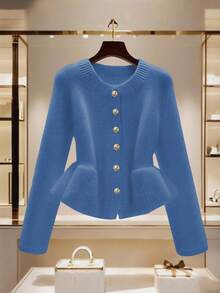 GlowEve White Sweater Women Stylish Waist Cinched Flared Hem Short Cardigan, Unique Metal Button Decor, Fashionable Ladies Knit Jacket