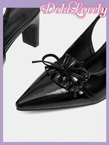 Dola Lovely Women's Fashion Pleated Ruffle Bow Pointed Toe Low Block Heel Elegant Cute Lolita Style Black High Heeled Pumps For Spring/Summer, Retro & Preppy Look - Black - View 10