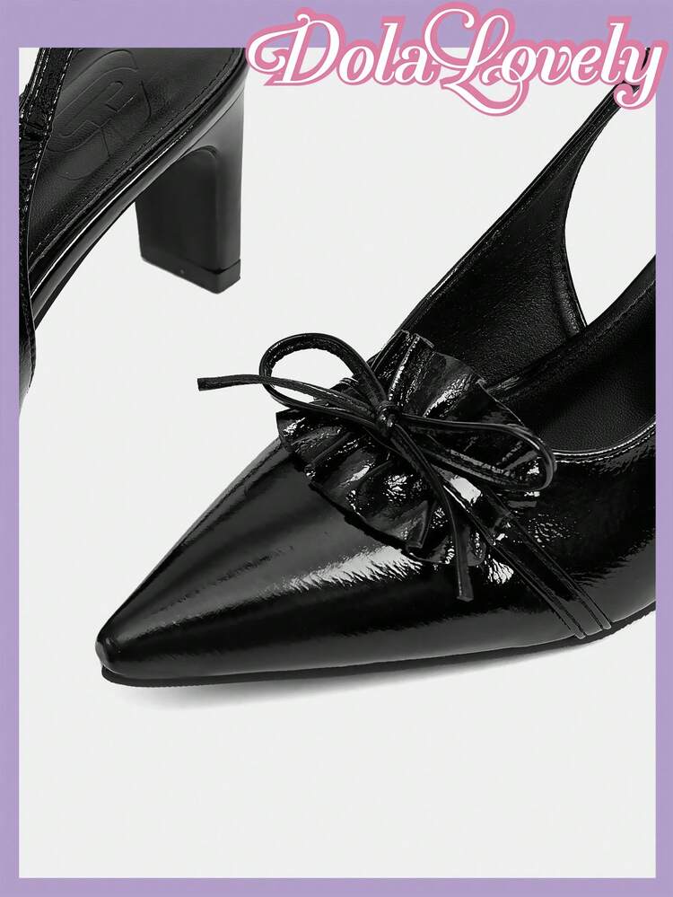 Dola Lovely Zapatos de tacón bajo con punta puntiaguda y diseño de vuelo con lazo, de estilo elegante y lindo tipo "Lolita", en color negro y de apariencia retro y colegial, para primavera/verano - Negro - Añade 10