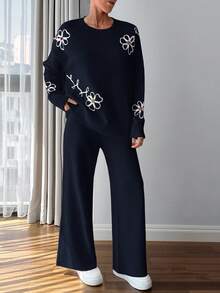SHEIN Cottnline Petite Size Women 3d Floral Embroidery Sweater Co-Ord Set - Black and White - View 7