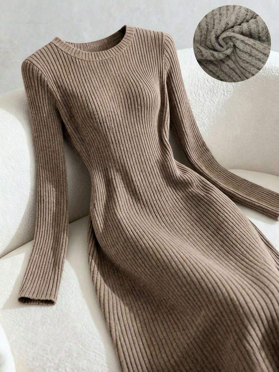 Franclia 女士条纹纹理优雅圆领中长连衣裙 - 杏色 - 查看 1