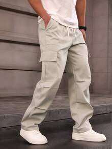 Manfinity Homme Men's Solid Color Drawstring Waist Cargo Pocket Pants, Fall - Light Grey - View 3