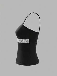 Glimmora 女士优雅撞色蕾丝边无袖上衣，夏季 - 黑色 - 查看 4