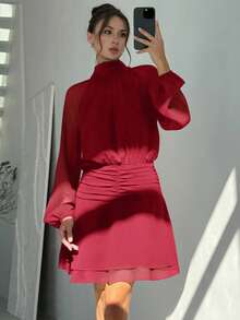 Aloruh Women's Elegant Commuter Solid Color Lantern Sleeve Mini Dress High Neck Dress - Burgundy - View 3