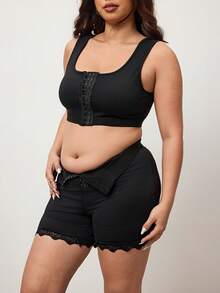 Enliva Plus Size Women Stretchy Fitted Tank Top And High Waisted Shorts Set, For Apple Rounded Body Shape - Black - View 3