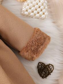 Souflis Souflis Baby Girls' Solid Color Fluffy Lapel 3D Bow Wool Blend Dress Coat. The Collar And Cuffs Are Made Of Fluffy Fabric, Fashionable And Generous; The Solid Color Buttons On The Placket Are Simple And High-End; The 3D Bow At The Waist Is Cute - Brown - View 5