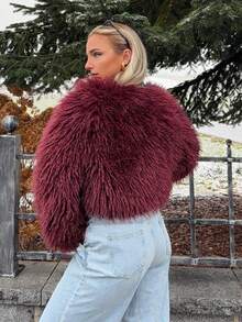 Jeta Ari 女士时尚性感短款仿皮草大衣，秋冬新品 - 酒紅色 - 查看 2