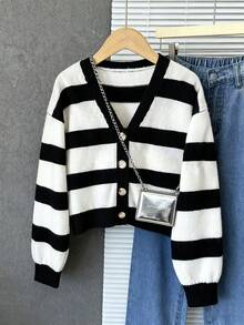 SHEIN 少女休闲V领宽松开襟纽扣衫，黑白条纹图案，适合秋冬季日常穿着 - 黑與白 - 查看 1