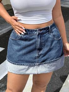 SHEIN ICON Váy chữ A denim cạp cao ôm sát cỡ lớn - Rửa trung bình - Xem 5