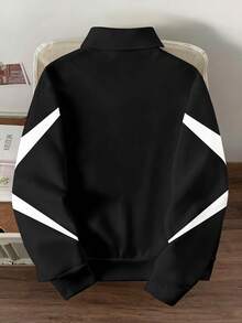 Manfinity Joysei Sudadera casual de hombre con cuello polo, estampado de letras y contraste de colores, otoño - Blanco y Negro - Ver 2