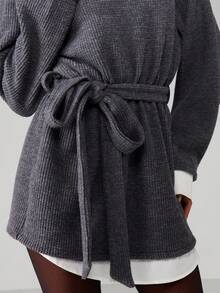 MISSGUIDED 罗纹针织迷你连衣裙，层叠领衬衫细节，长袖系带秋冬套头毛衣裙 - 灰色 - 查看 3