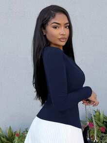 Alexandranx 罗纹纽扣长袖圆领上衣，休闲度假机场假日秋冬圣诞节优雅款 - 藏蓝色 - 查看 3