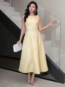 Modelyn New Elegant Embroidered & Beaded Cinching Waist Tie Back Sleeveless Slim Fit Everyday & Party Wear Dress, Butter Yellow - Pale Yellow - View 7