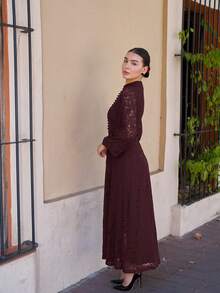 Andrea Bello 女式长袖蕾丝酒红色连衣裙 - 紫色 - 查看 6