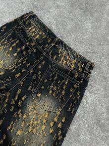 Manfinity EMRG Men's Casual Washed Vintage Distressed Flared Leg Jeans Cheetah Pants Mens Festival Pants Mens Graphic Jeans - Dark Wash - View 3