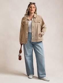 Zelara Áo khoác denim rách giặt thường ngày cỡ lớn - Màu be - Xem 4