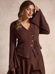 SHEIN LUNE Women's Ribbed Knit Tie Front Elegant Commute & Date Top, Autumn/Winter - Brown - View 3