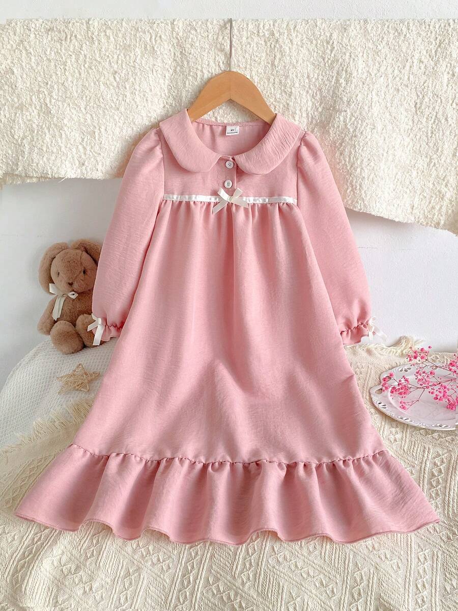 女童可爱彼得潘领泡泡袖长袖连衣裙，休闲舒适睡衣/家居服