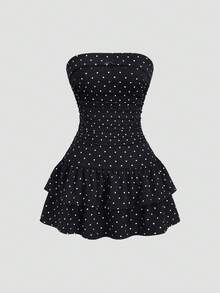 Sweetra New Winter French Fashion Polka Dot Lace Ruffle Bow Design Office Commute Everyday Cute Sweet Style Strapless Bodycon Cinched Waist Tiered Hem Black Elegant Ladies Dress