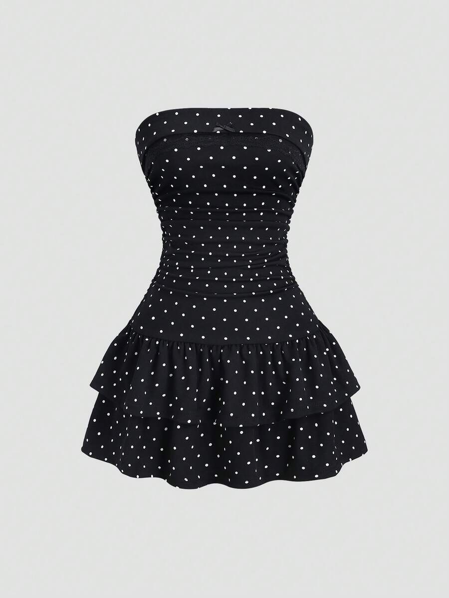 Sweetra New Winter French Fashion Polka Dot Lace Ruffle Bow Design Office Commute Everyday Cute Sweet Style Strapless Bodycon Cinched Waist Tiered Hem Black Elegant Ladies Dress