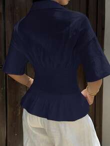 SHEIN EZwear Marinblå vävd kortärmad skjorta med samlad midja för kvinnor - Marinblå - Visa 2