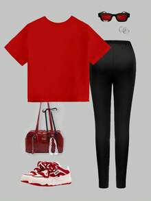SHEIN Bộ áo thun tay ngắn cổ tròn đơn giản và quần legging thời trang thường ngày sáng tạo, tươi mới họa tiết da báo dành cho nữ, họa tiết quả anh đào, khẩu hiệu chữ in phong cách thường ngày, thoải mái, phù hợp mọi mùa - Nhiều màu - Xem 2