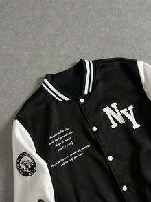 Manfinity ZONE917 Áo khoác Varsity hai tông màu họa tiết khẩu hiệu dành cho nam, Áo khoác bóng chày dài tay nhiều màu, Quà tặng cho bạn bè, chồng, bạn trai, cho mùa thu - màu đen - Xem 4