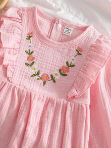 Souflis Souflis 女婴荷叶边花卉刺绣长袖连体裤 - 粉色 - 查看 6