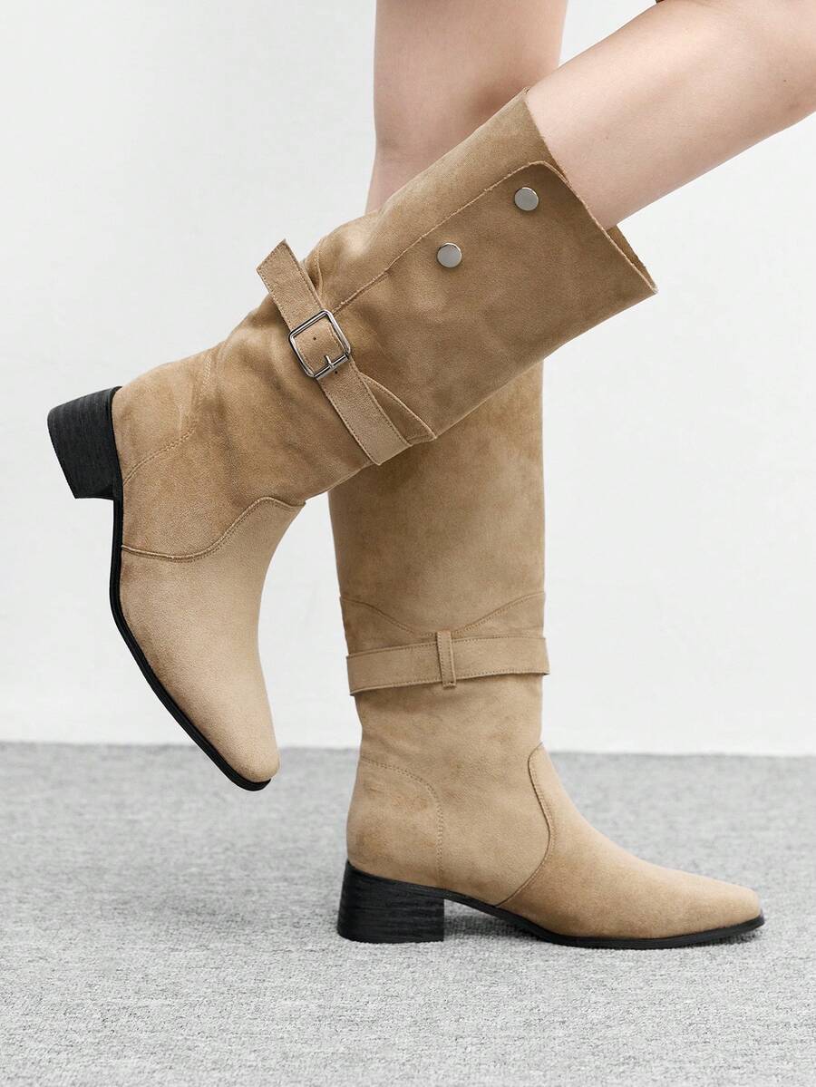 CUCCOO BIZCHIC 女士时尚百搭通勤粗跟中筒靴 - 卡其色 - 查看 1