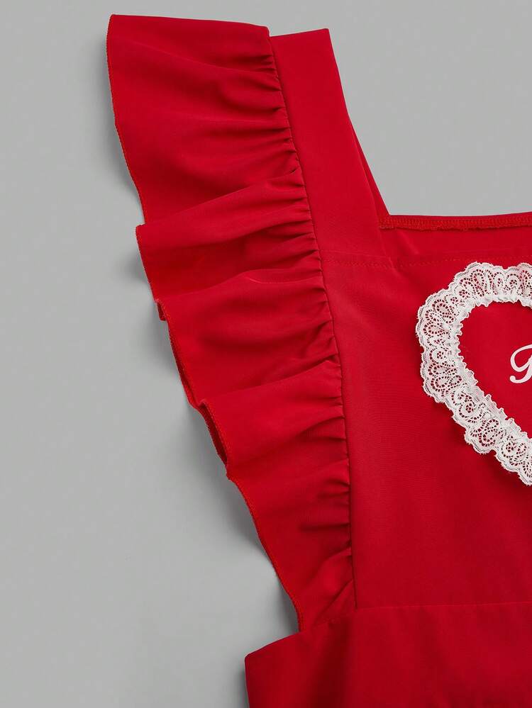 Sweetra Sweet Valentine's Day Character Red Short Dress With Flutter Sleeves And A Fitted Waist Red Dress Lolita Dress Heart Dress Kawaii Dress Bows Dress New Year - Red - View 6