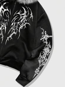 ROMWE MEN Goth 男士休闲宽松拉链连帽衫，带毛领，秋冬季 - 黑色 - 查看 3