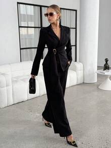 Lavishia V-Neck Metal Buckle Decor Ribbon Waist Suit 2 Pieces Set: Blazer + Pants - Black - View 5
