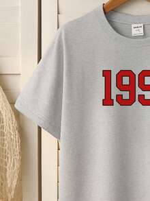 Teen Girl Round Neck Short Sleeve T-Shirt,Red 1990 Numeric Print Casual Daily Wear,Fashionable Minimalist,Summer Graduation Sport Back-To-School - Grey - View 4