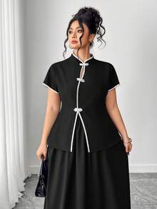 Elenzga Conjunto de 2 piezas de camisa abotonada con bloqueo de color elegante y falda para talla grande - Negro - Ver 1