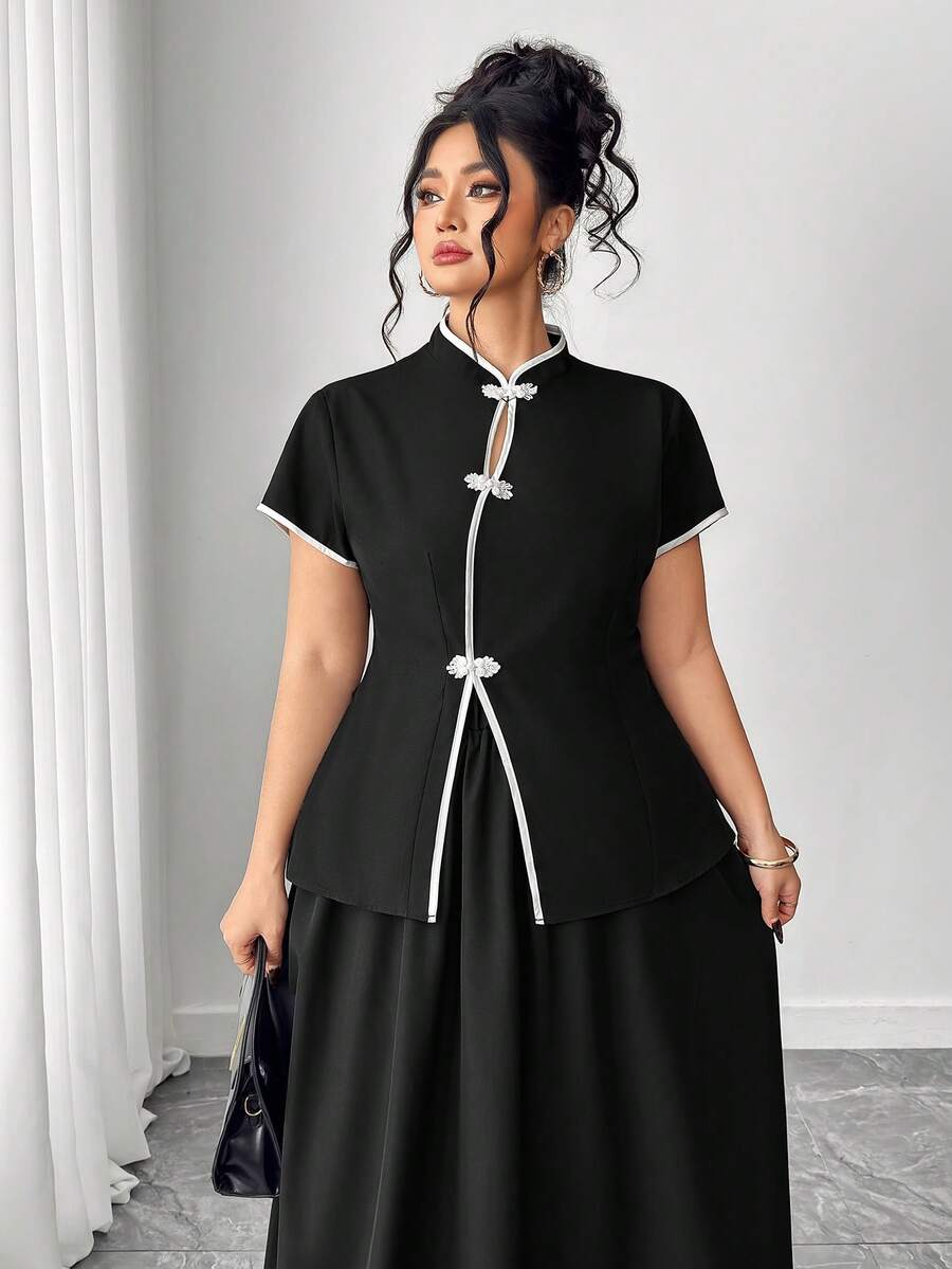 Elenzga Conjunto de 2 piezas de camisa abotonada con bloqueo de color elegante y falda para talla grande - Negro - Ver 1
