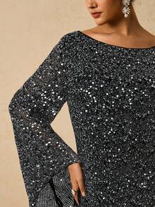 Freevana 大码女式亮片装饰船领休闲日常通勤长袖连衣裙 - 黑色 - 查看 1