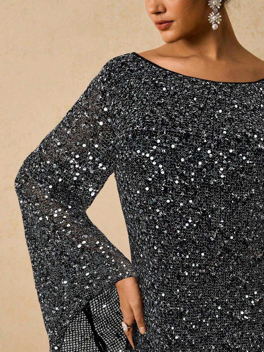 Freevana 大码女式亮片装饰船领休闲日常通勤长袖连衣裙 - 黑色 - 查看 1