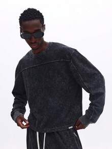 SUMWON 男士炭灰色水洗宽松圆领长袖套头卫衣 复古风棉混纺休闲街头风纯色 - 黑色 - 查看 5