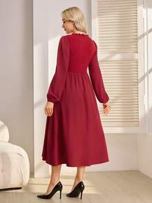 SHEIN Nursing Dress With Long Sleeves, Square Neckline, Nursing Access Design On Top, Ribbed Top And Woven Skirt - Burgundy - View 3