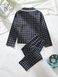 Teen Girls Pajamas-2 Piece Pajama Set Plaid Navy Blue White Long Sleeve Button Up Top With Lace Trim Chest Pocket Long Pants Sleepwear Loungewear Four Seasons Holiday 2026 New Year Must Have Cute Cozy Classic - Multicolor - View 2