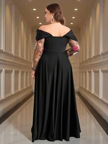 SHEIN Clasi Plus Size Women Floral Embroidery Mesh Patchwork Off Shoulder Elegant Black Autumn Formal Evening Wedding Dress,Glitter Sequin High-Slit Long Gown - Black - View 4