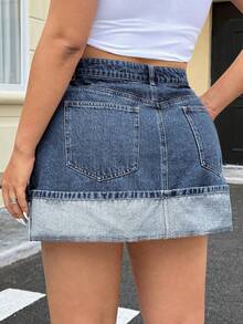 SHEIN ICON Váy chữ A denim cạp cao ôm sát cỡ lớn - Rửa trung bình - Xem 2