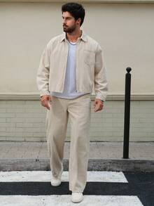 DAZY Solid Color Beige Soft Washed Vintage Denim Men's Jacket Set, Autumn - Beige - View 5