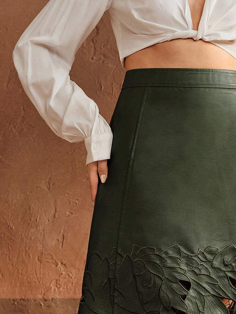 Elegant French Vintage Women's Green Leather Skirt With 3D Floral Cutout Hem, Long A-Line Skirt