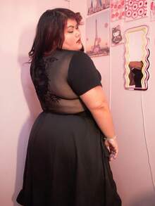 Enliva Karlangas.Toledo Plus Size Women Solid Color Short Sleeve Chinese Dragon Net Mesh Backless Y2K Going Out Fall Graphics Woman Black T-Shirt, For Apple Rounded Body Shape - Black - View 4
