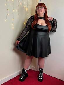 Enliva Abidrinkell Plus Size PU Leather Spliced Mesh Dress, For Winter, For Apple Rounded Body Shape - Black - View 4