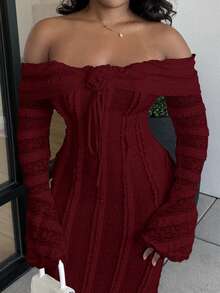 Alexandranx 茶歇装 甜美优雅长裙 露肩长袖连衣裙 约会装 3D花裙 - 酒紅色 - 查看 5