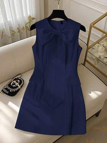 GlowEve CURVE Đầm cổ tròn dài vừa phải thanh lịch, thoải mái, thường ngày, trang nhã, thắt nơ, dành cho người đi làm cỡ lớn - Màu xanh hải quân - Xem 3